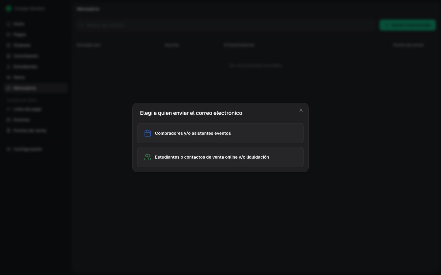 Modal para elegir si el comunicado va a estudiantes y contactos o a un evento