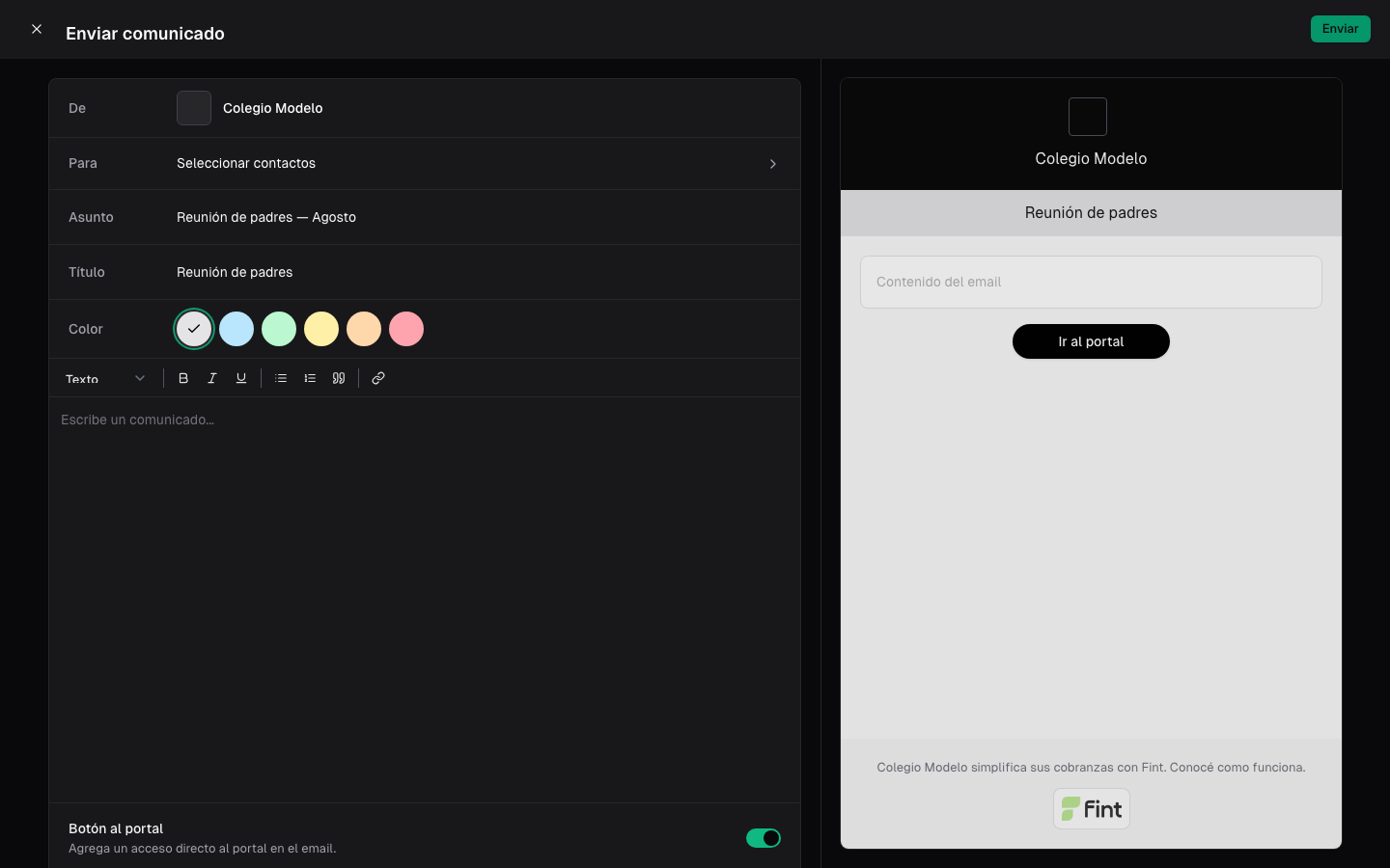 Compositor del comunicado con asunto, título y vista previa