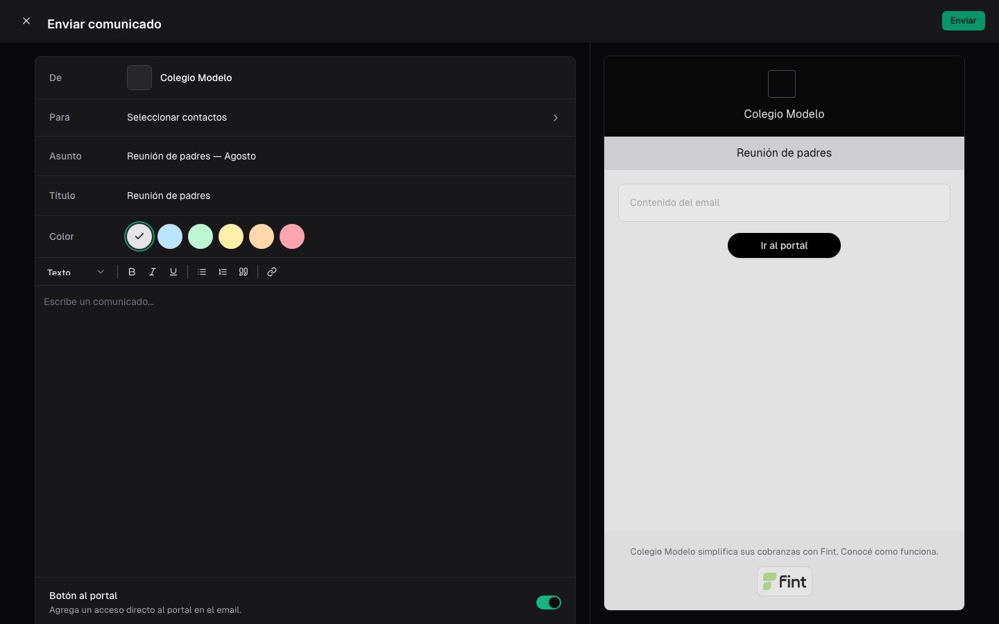 Compositor del comunicado con asunto, título y vista previa