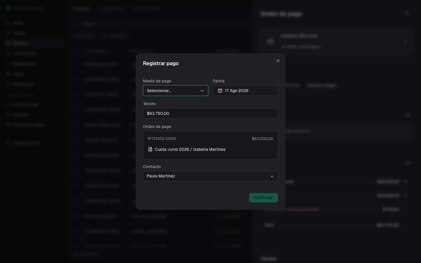 Modal Registrar pago con el monto pendiente precargado, la orden asociada y el contacto de pago