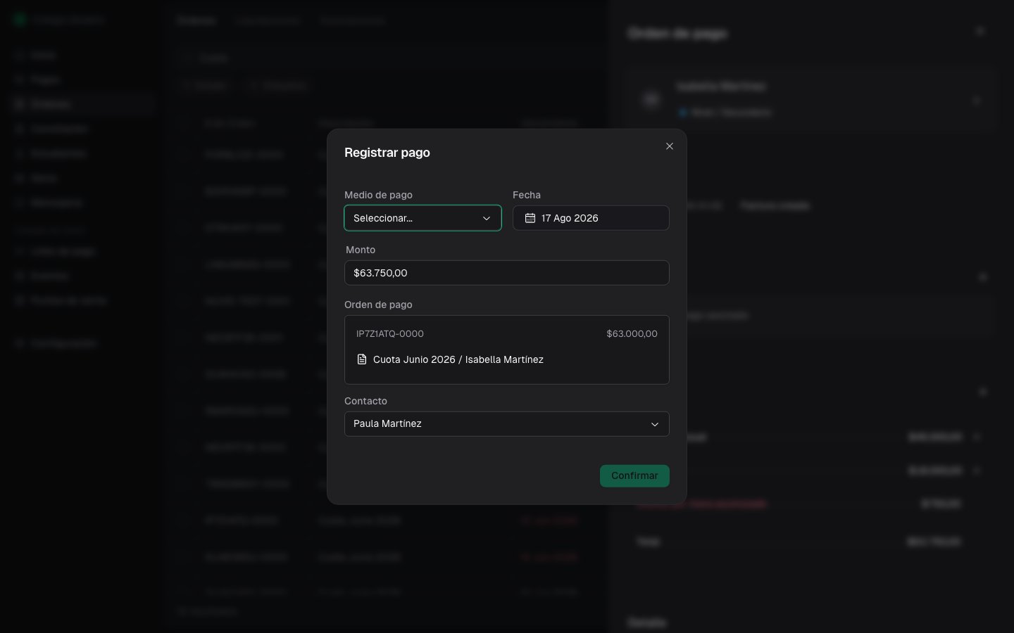 Modal Registrar pago con el monto pendiente precargado, la orden asociada y el contacto de pago