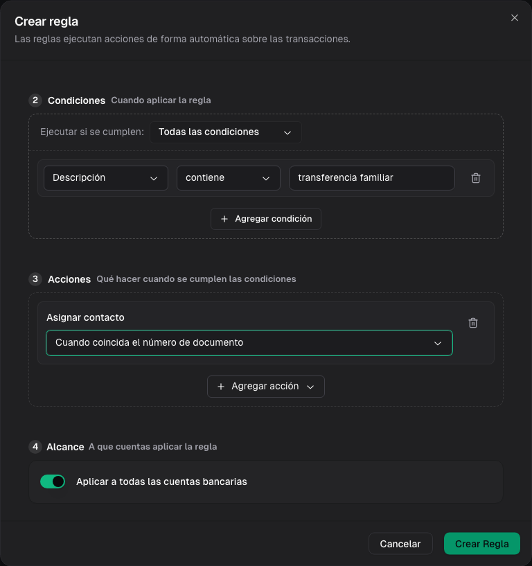 Formulario de una regla habilitada: si la descripción contiene transferencia familiar, asignar el contacto por documento