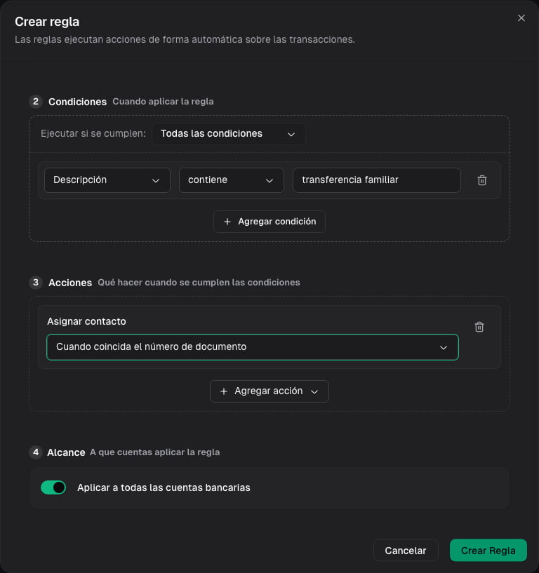 Formulario de una regla habilitada: si la descripción contiene transferencia familiar, asignar el contacto por documento