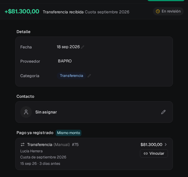 Movimiento de 81.300 pesos sin contacto asignado con la tarjeta Pago ya registrado: transferencia manual número 75 de Lucía Herrera, lista para vincular