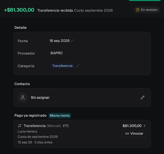 Movimiento de 81.300 pesos sin contacto asignado con la tarjeta Pago ya registrado: transferencia manual número 75 de Lucía Herrera, lista para vincular