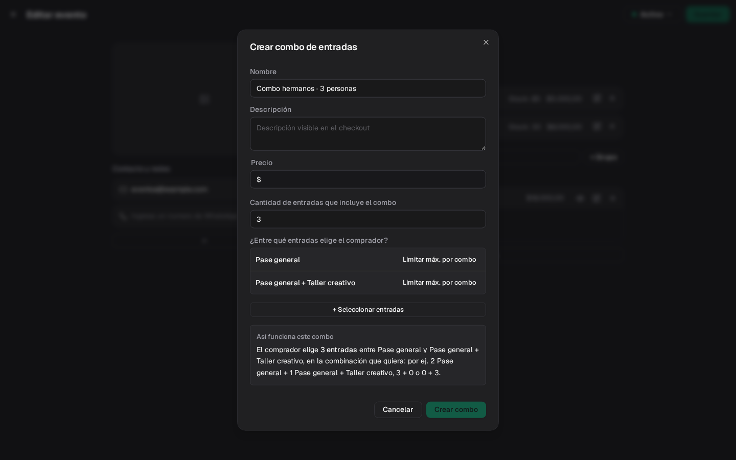 Modal Crear combo de entradas: Combo hermanos de 3 entradas a elegir entre Pase general y Pase general + Taller creativo, con el resumen Así funciona este combo y ejemplos 2 + 1, 3 + 0 o 0 + 3