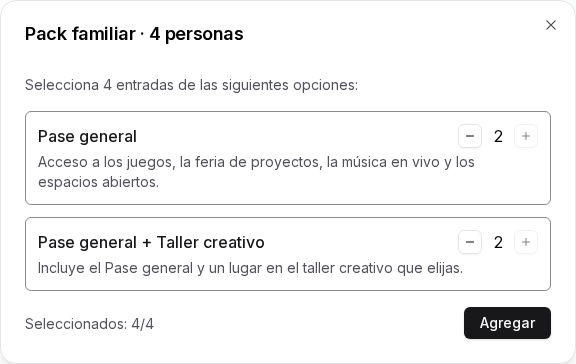 Selector público del Pack familiar con cuatro de cuatro entradas elegidas