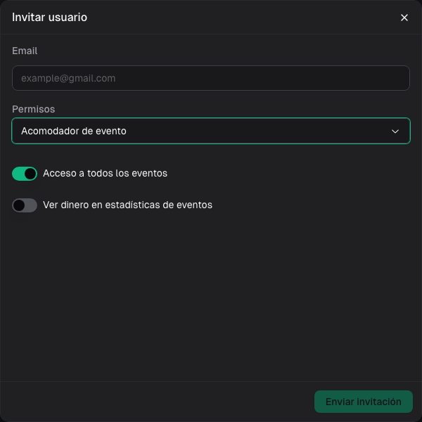 Invitación de un acomodador con permisos de eventos y visibilidad de estadísticas