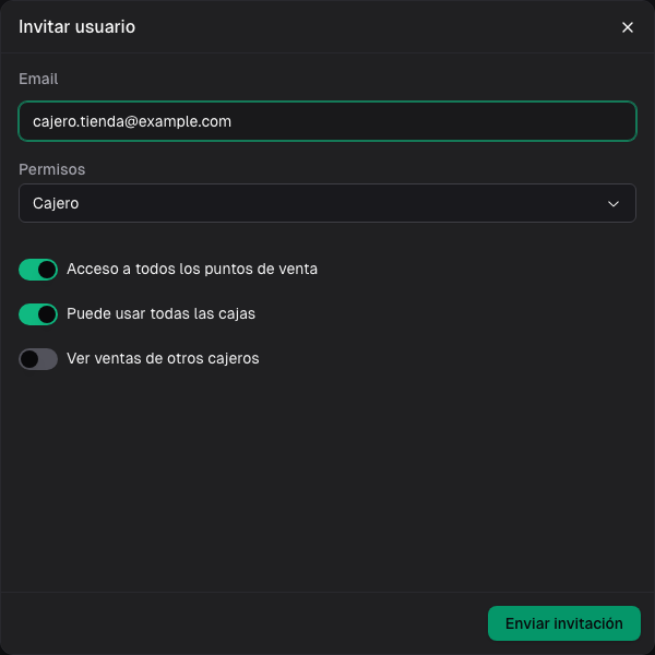 Invitación de un cajero con permisos para puntos de venta, cajas y ventas de otros cajeros