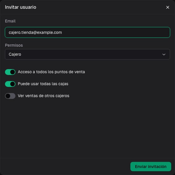 Invitación de un cajero con permisos para puntos de venta, cajas y ventas de otros cajeros