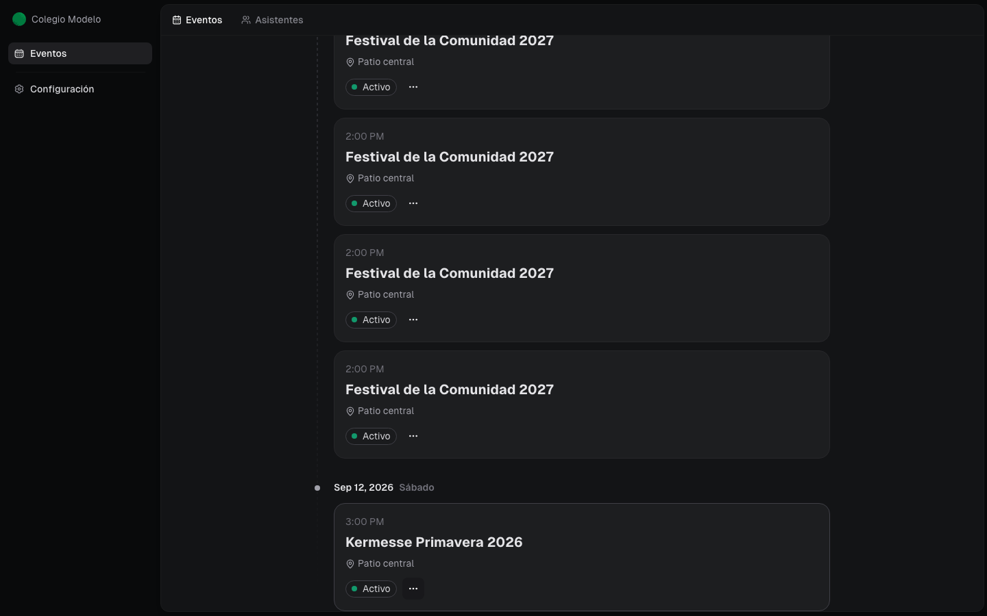 Vista del acomodador con acceso a Eventos, Asistentes y Configuración, sin Punto de Venta
