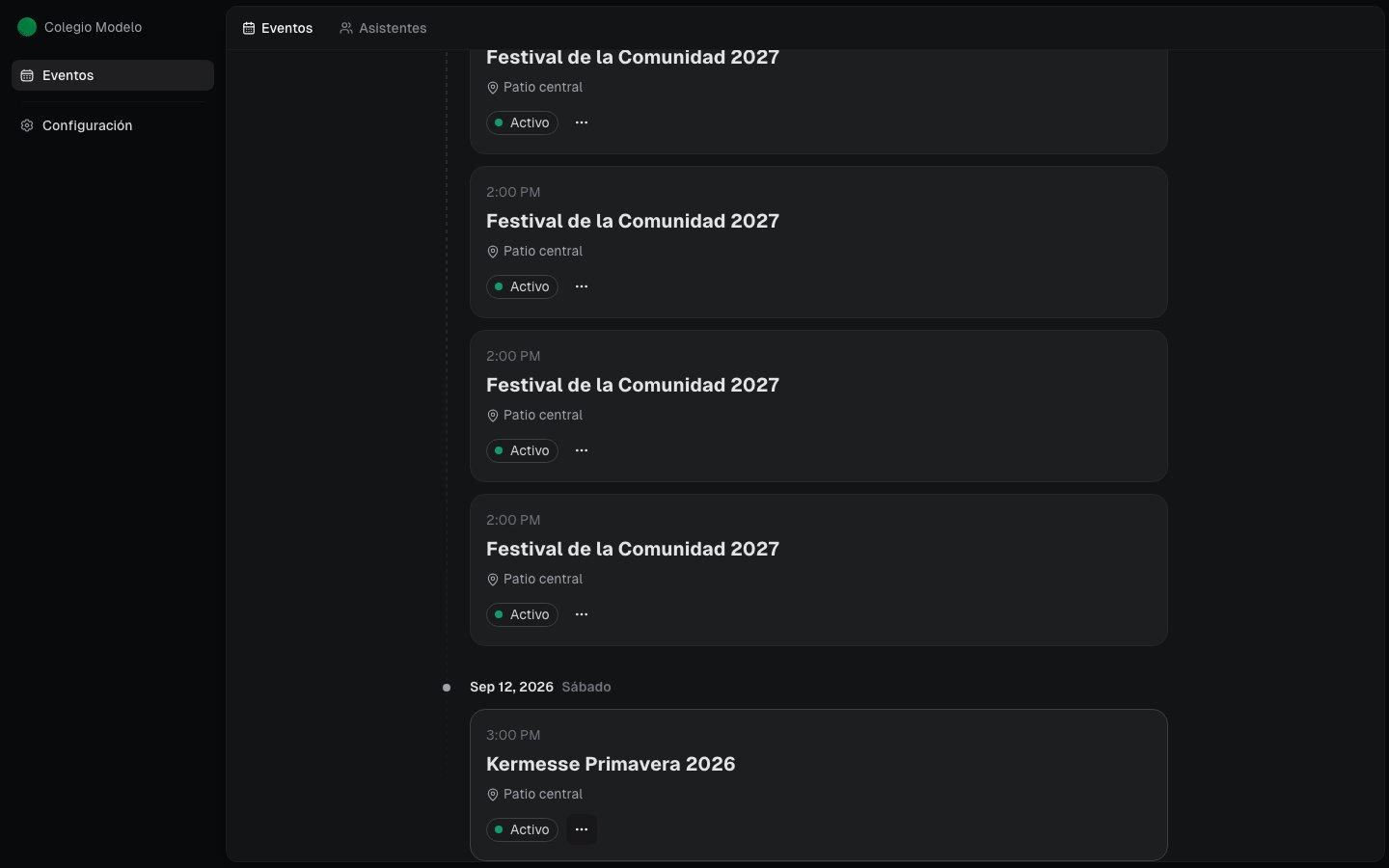 Vista del acomodador con acceso a Eventos, Asistentes y Configuración, sin Punto de Venta