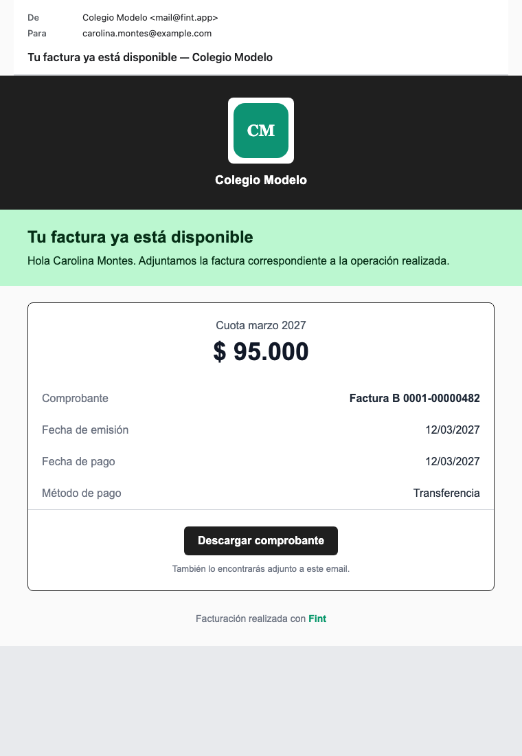 Mail Tu factura ya está disponible: Factura B 0001-00000482, $ 95.000, Cuota marzo 2027, botón Descargar comprobante