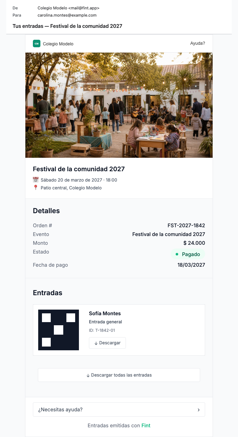 Mail de entradas del Festival de la comunidad 2027: orden FST-2027-1842, QR de Sofía Montes, entrada general