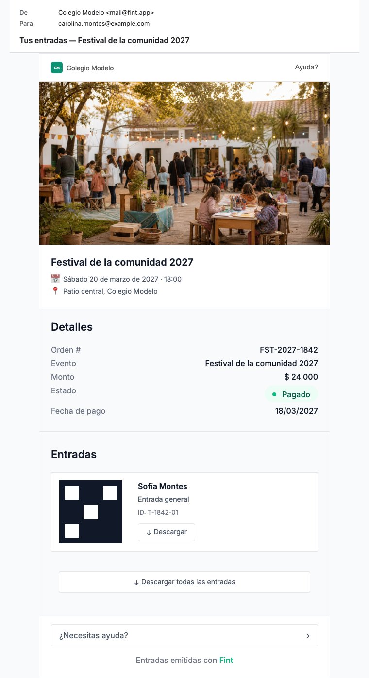 Mail de entradas del Festival de la comunidad 2027: orden FST-2027-1842, QR de Sofía Montes, entrada general