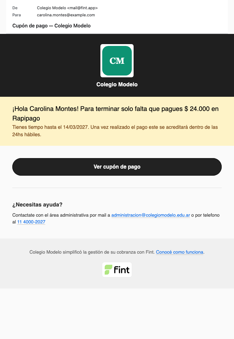 Mail con el cupón para pagar $ 24.000 en Rapipago