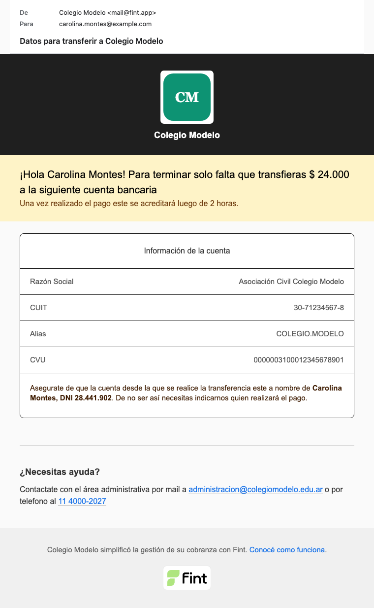 Mail con CVU, alias COLEGIO.MODELO y el monto a transferir a Colegio Modelo