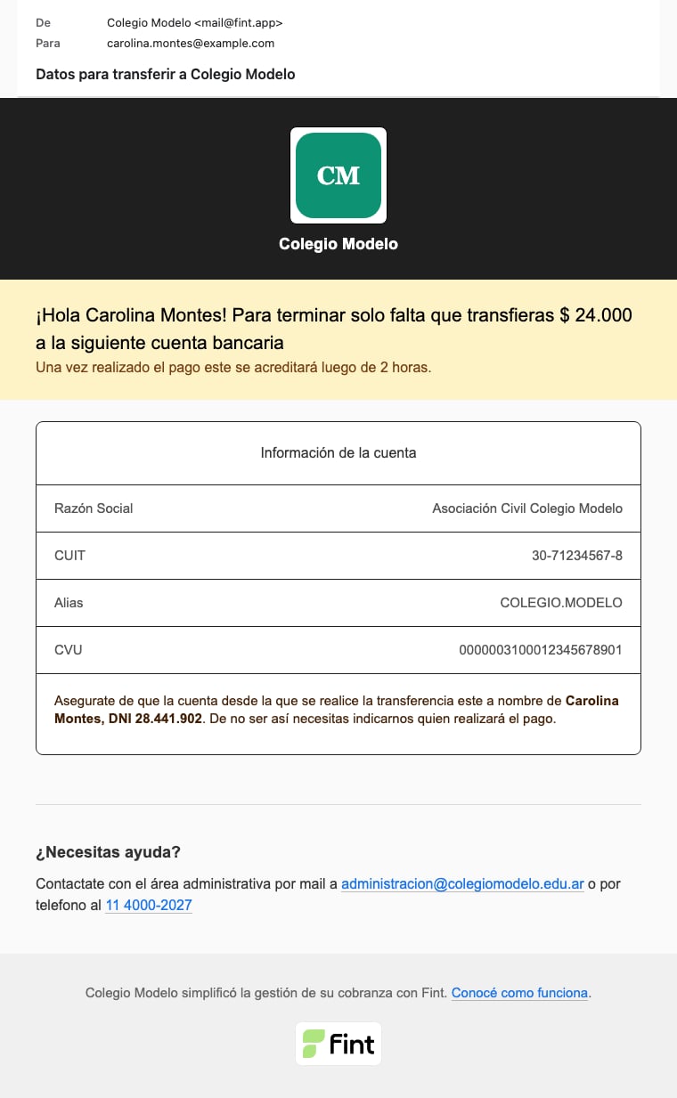 Mail con CVU, alias COLEGIO.MODELO y el monto a transferir a Colegio Modelo