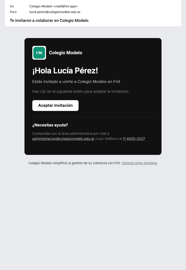 Mail a Lucía Pérez: Te invitaron a colaborar en Colegio Modelo, con botón Aceptar Invitación
