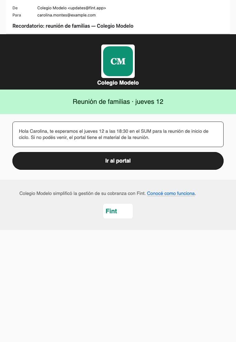 Comunicado Reunión de familias del Colegio Modelo, con botón Ir al portal