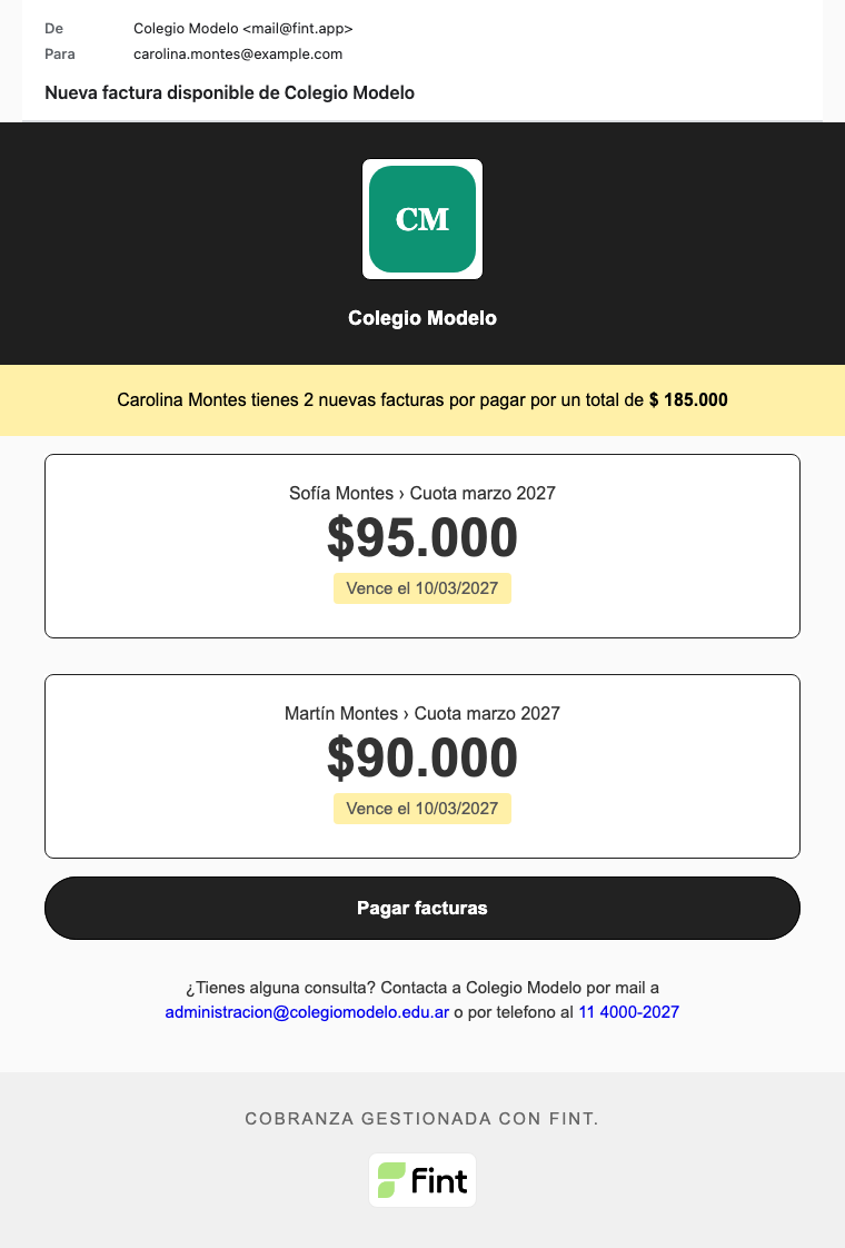 Mail Nueva factura disponible de Colegio Modelo: dos cuotas marzo 2027 de Sofía y Martín Montes, total $ 185.000