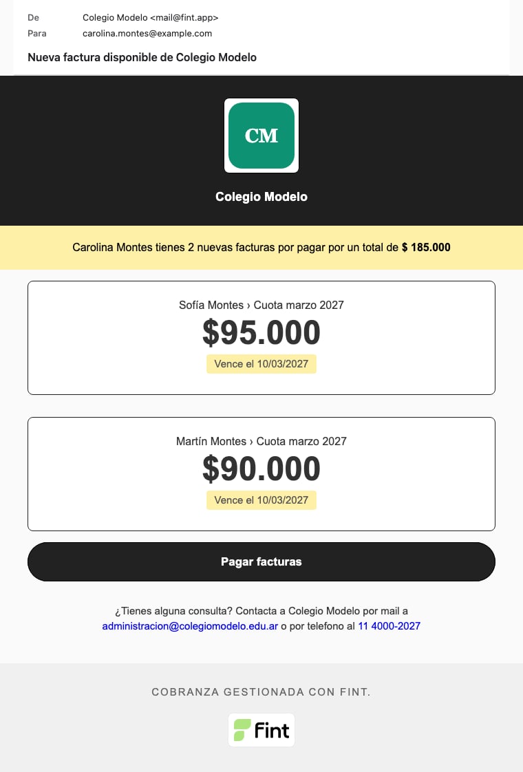 Mail Nueva factura disponible de Colegio Modelo: dos cuotas marzo 2027 de Sofía y Martín Montes, total $ 185.000