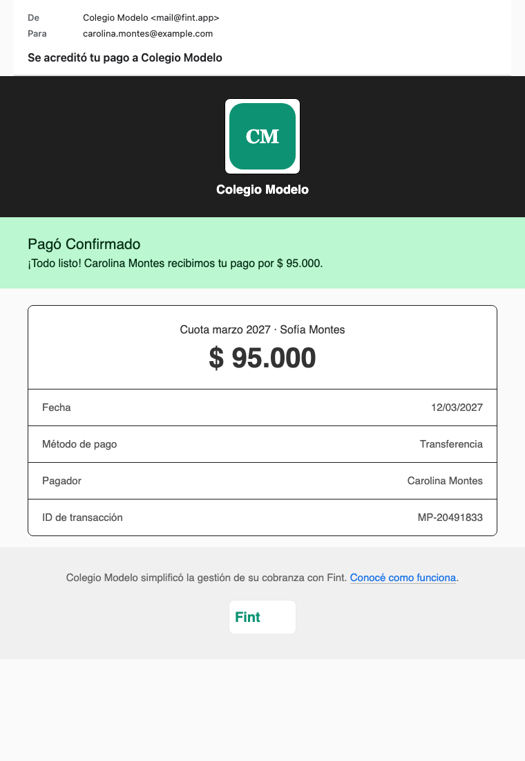 Mail Se acreditó tu pago a Colegio Modelo: $ 95.000, transferencia, Cuota marzo 2027 de Sofía Montes