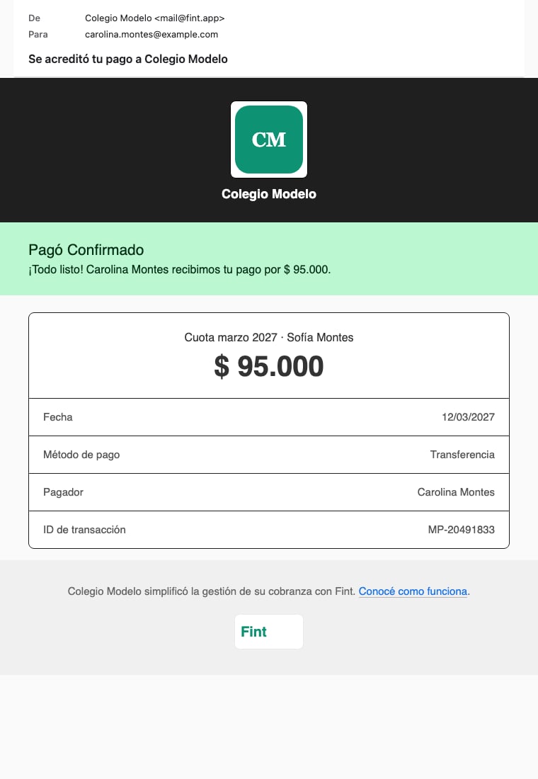Mail Se acreditó tu pago a Colegio Modelo: $ 95.000, transferencia, Cuota marzo 2027 de Sofía Montes