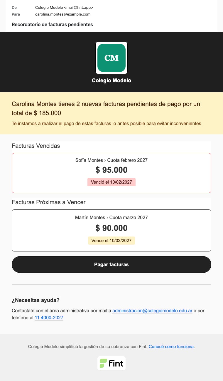 Mail de recordatorio a Carolina Montes: una cuota vencida de febrero y una de marzo, total $ 185.000