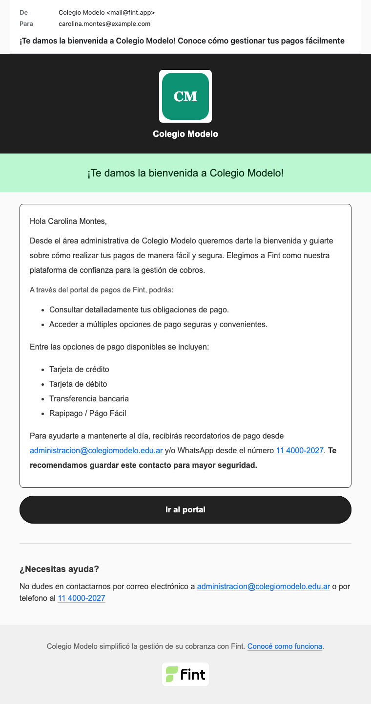 Mail de bienvenida a Carolina Montes: Colegio Modelo, botón para abrir el Portal de Contacto