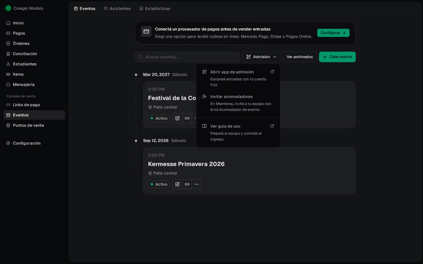 Menú Admisión abierto en Eventos con Abrir app de admisión, Invitar acomodadores y Ver guía de uso