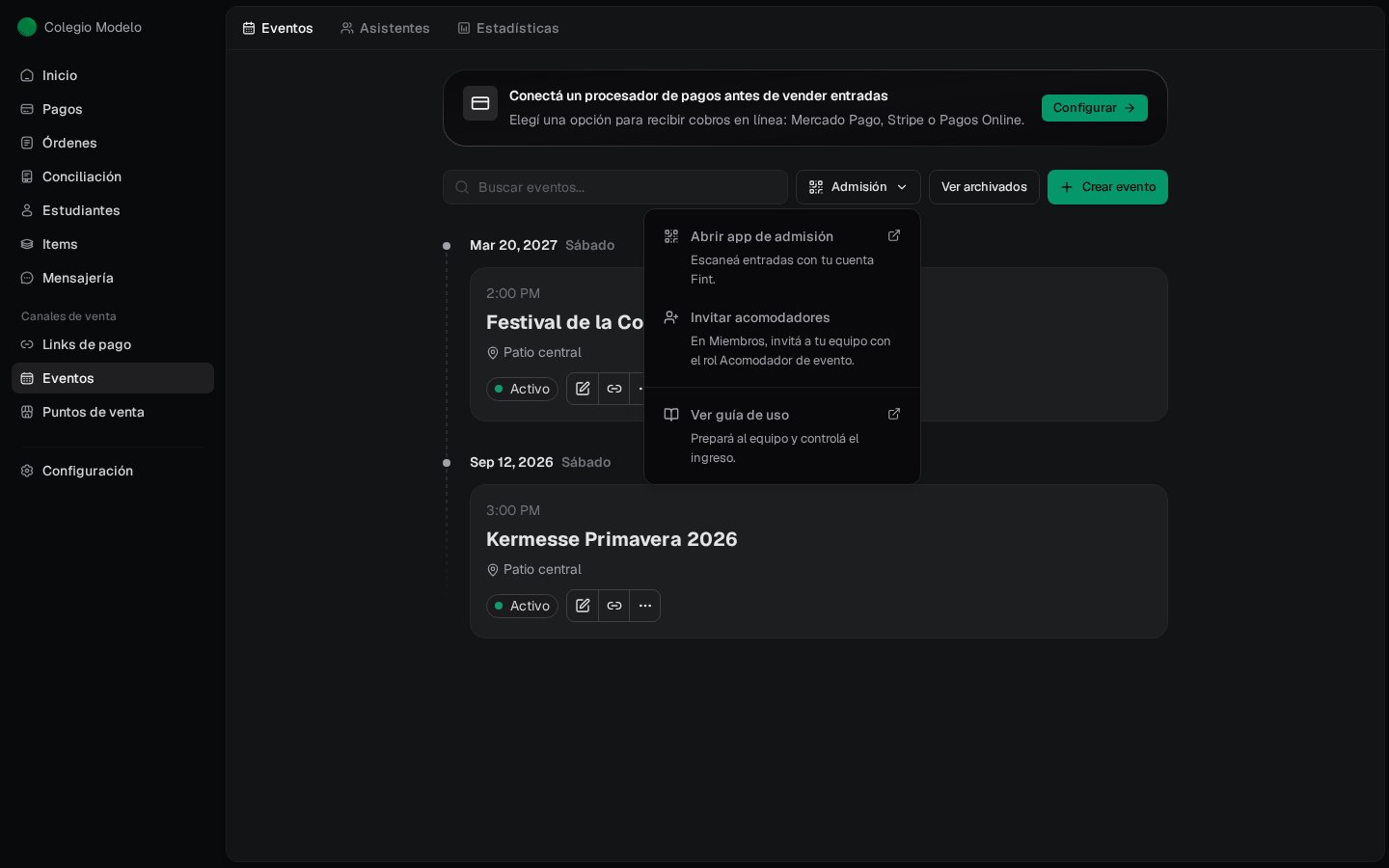 Menú Admisión abierto en Eventos con Abrir app de admisión, Invitar acomodadores y Ver guía de uso