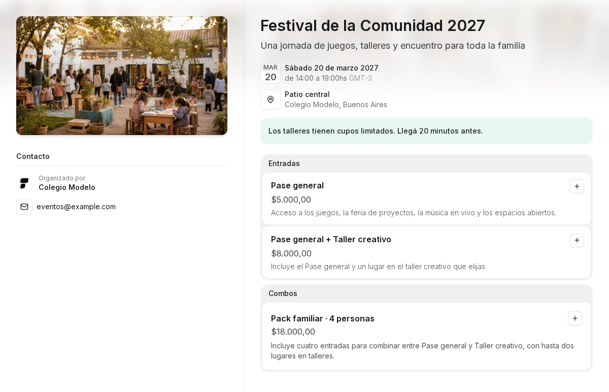 Página pública del Festival de la Comunidad con portada, mensaje destacado, entradas y combo familiar