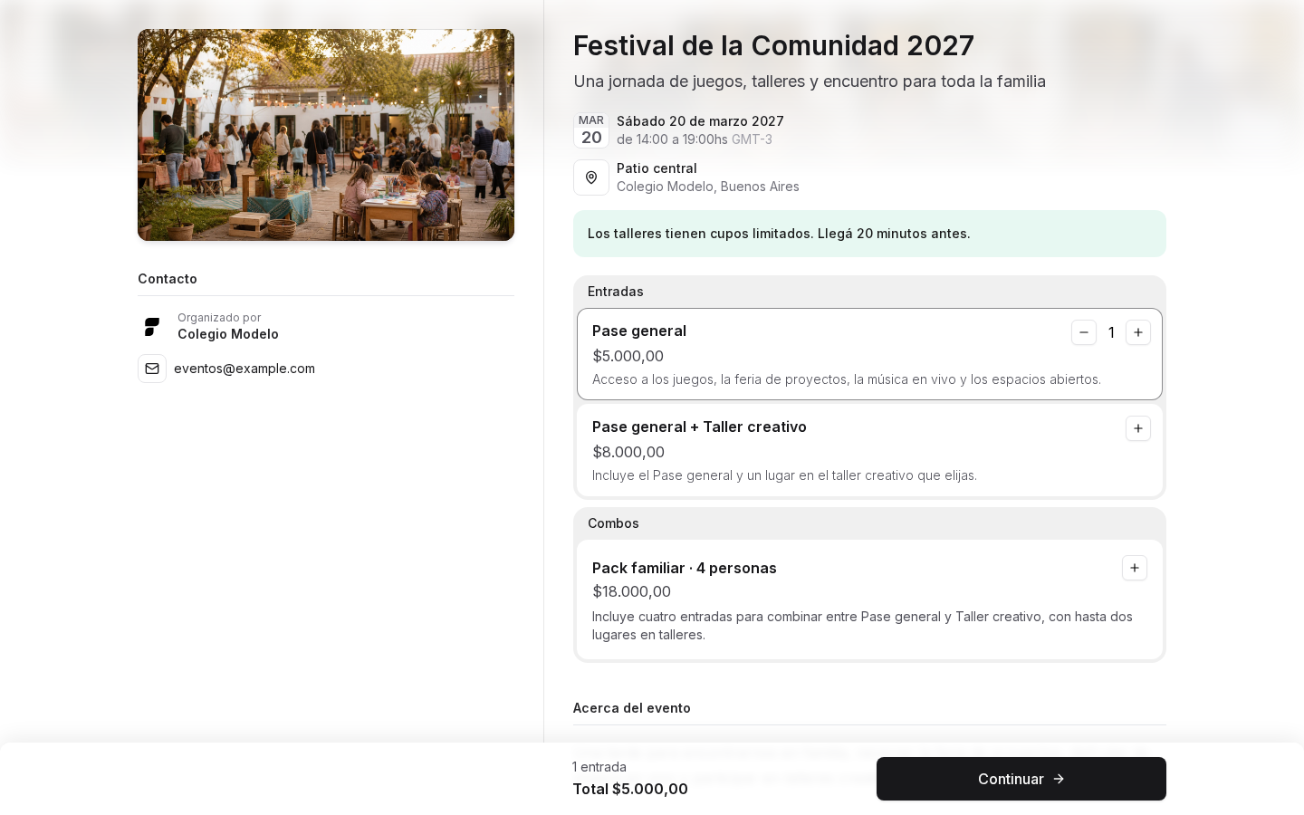 Página pública del festival con un Pase general seleccionado y la barra fija abajo: 1 entrada, Total $5.000,00 y botón Continuar