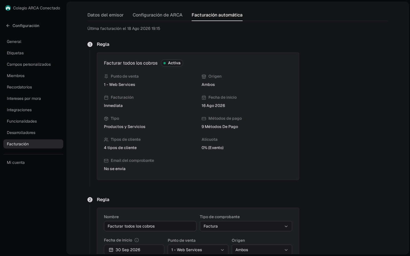 Pestaña Facturación automática: regla Facturar todos los cobros activa, Web Services, inmediata, 4 tipos de cliente, 0% y Email del comprobante en No se envía