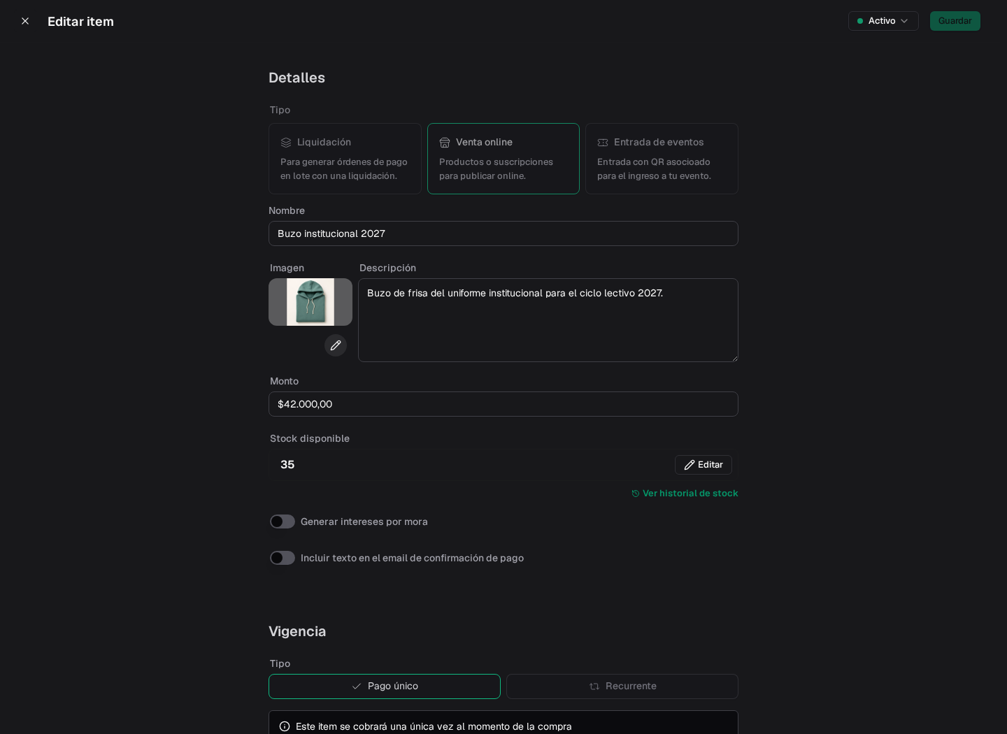 Buzo institucional configurado para Venta online con descripción, precio, imagen, stock disponible 35 y los interruptores de mora y de texto en el email de confirmación