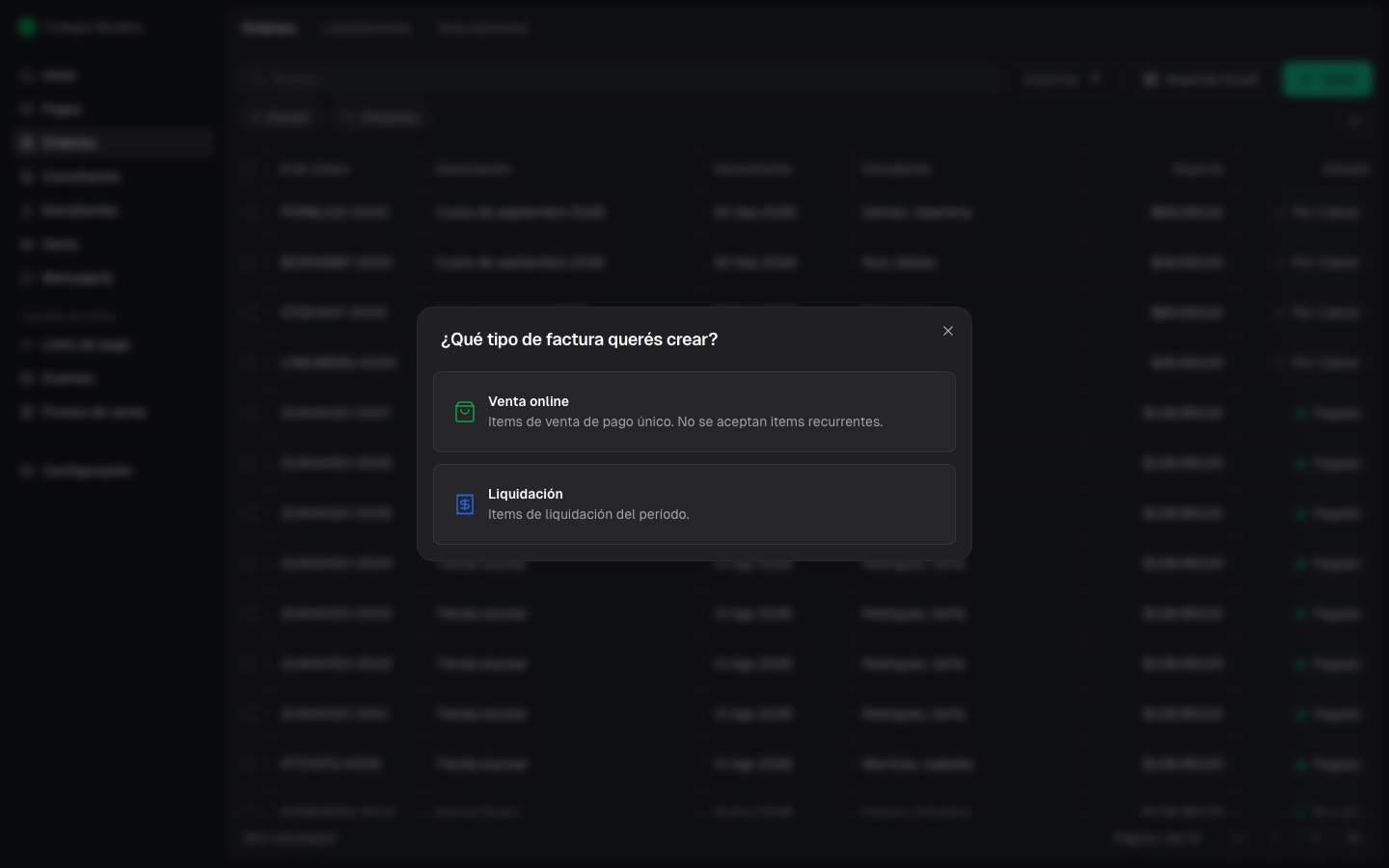 Selector entre una orden manual de Venta online y una orden de Liquidación