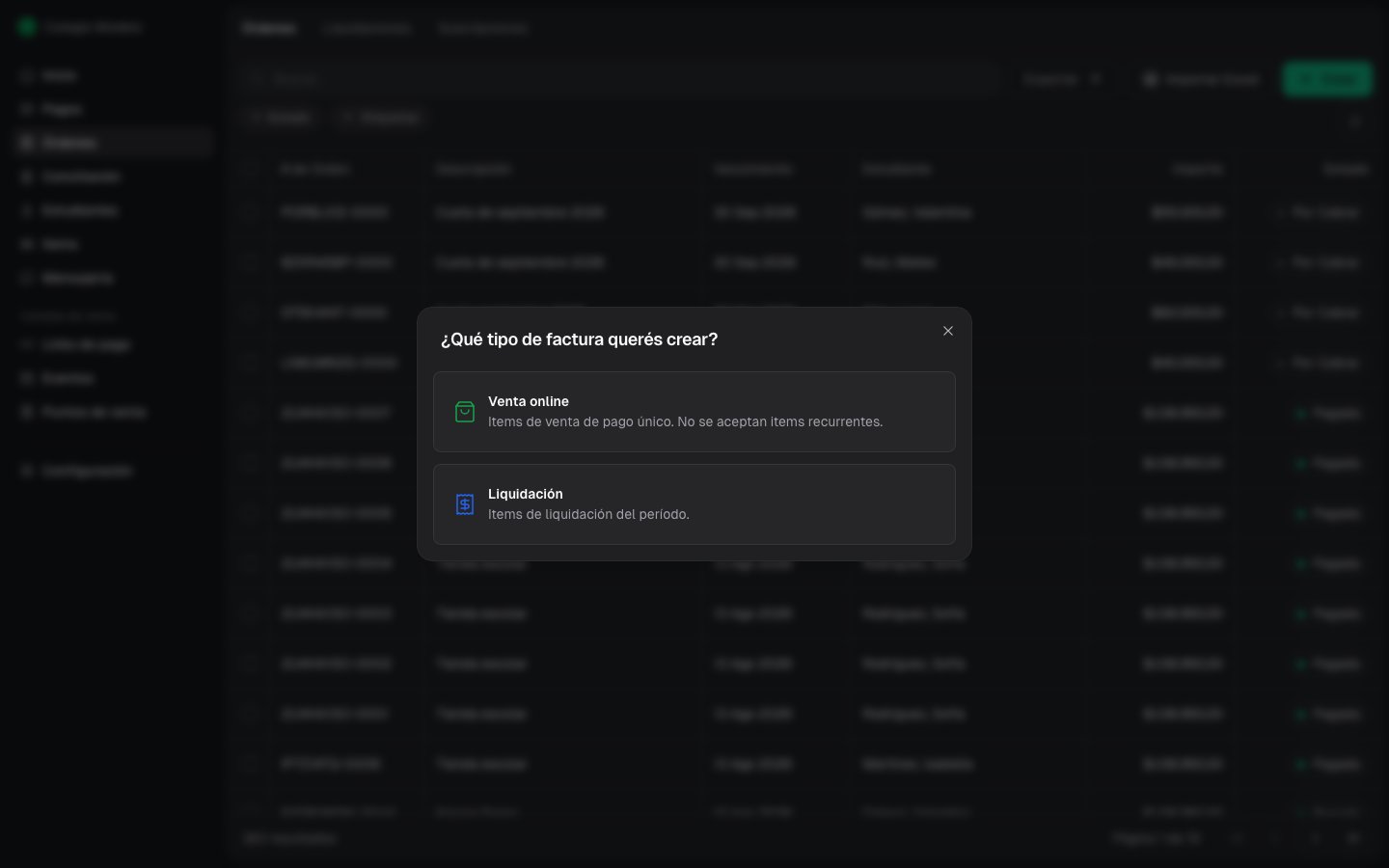 Selector entre una orden manual de Venta online y una orden de Liquidación
