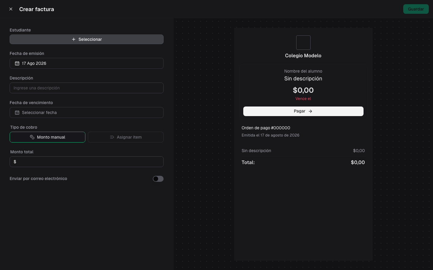 Formulario Crear factura de Venta online en Colegio Modelo, con monto manual y la vista previa todavía vacía