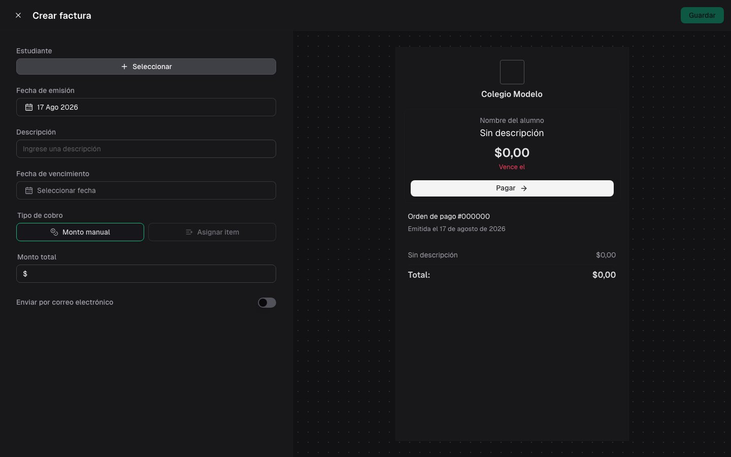 Formulario Crear factura de Venta online en Colegio Modelo, con monto manual y la vista previa todavía vacía