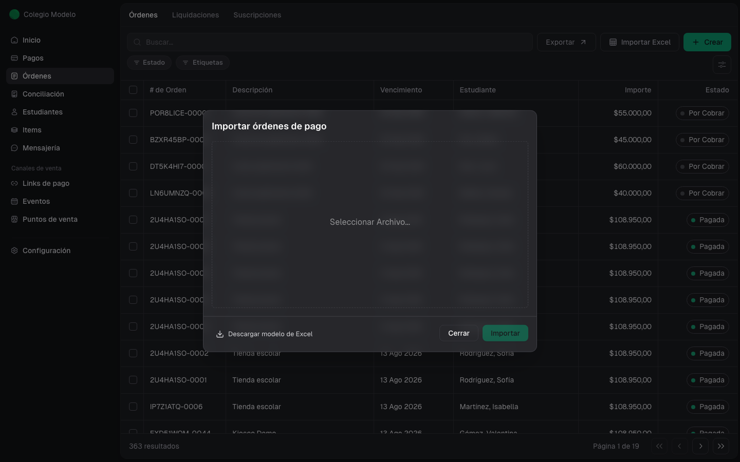 Modal Importar órdenes de pago, con la opción de descargar el modelo de Excel y sin archivo seleccionado