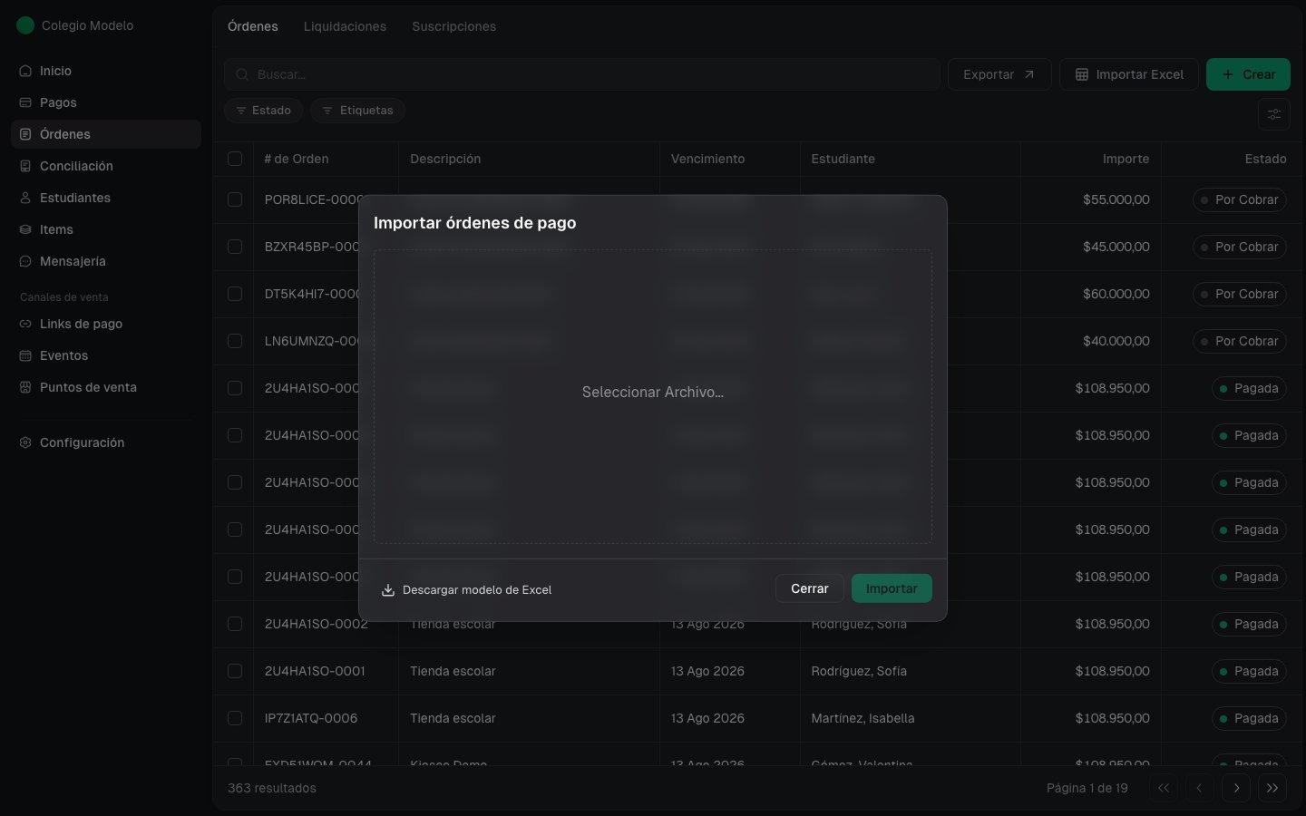 Modal Importar órdenes de pago, con la opción de descargar el modelo de Excel y sin archivo seleccionado