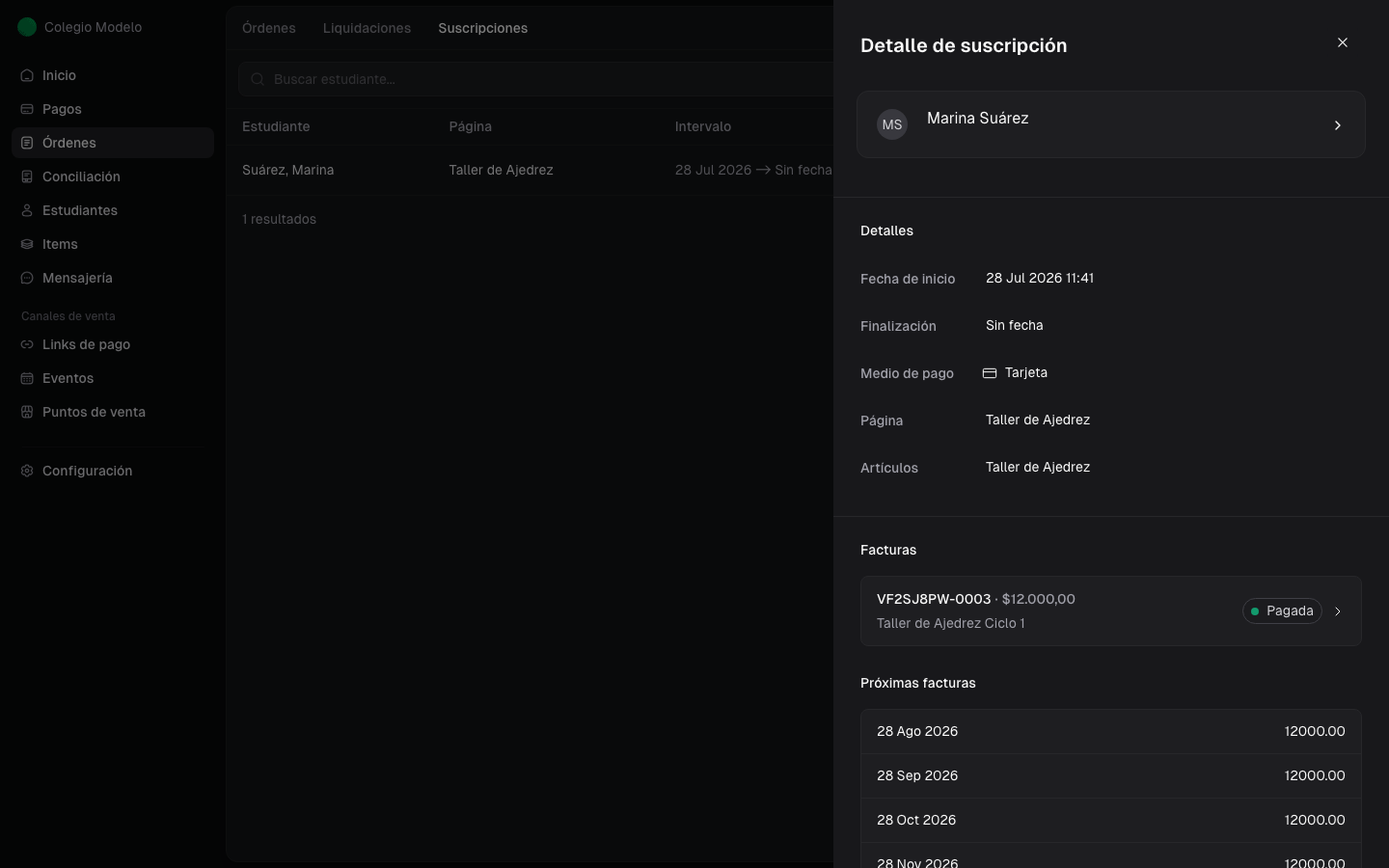 Detalle de una suscripción con facturas emitidas y próximas facturas