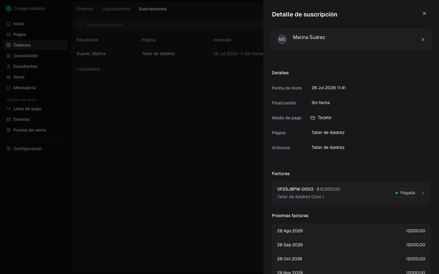 Detalle de una suscripción con facturas emitidas y próximas facturas