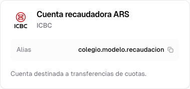 Tarjeta de la Cuenta recaudadora ARS de ICBC con alias y descripción