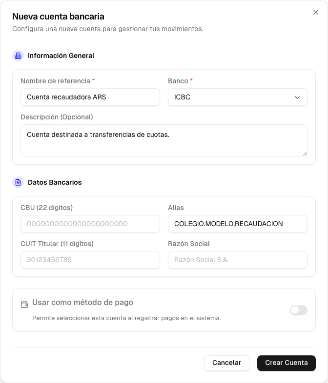 Formulario de una cuenta recaudadora de ICBC con alias y descripción, sin CBU ni CUIT