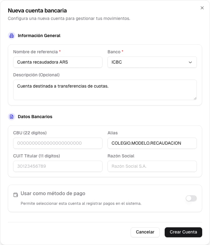 Formulario de una cuenta recaudadora de ICBC con alias y descripción, sin CBU ni CUIT