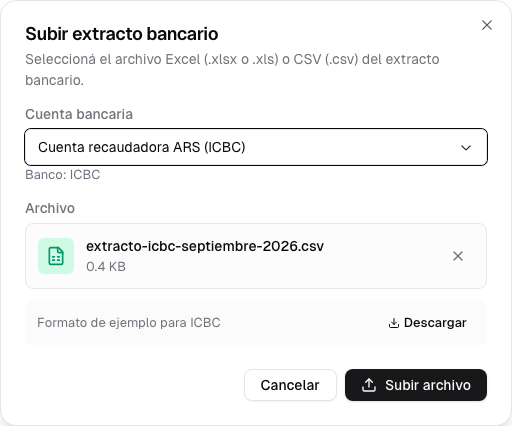 Diálogo de carga con la Cuenta recaudadora ARS y un extracto CSV de septiembre seleccionado
