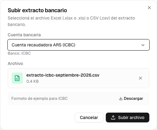Diálogo de carga con la Cuenta recaudadora ARS y un extracto CSV de septiembre seleccionado