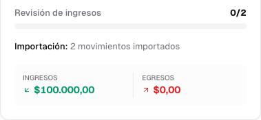 Revisión de ingresos en cero de dos, con dos movimientos importados y cien mil pesos de ingresos